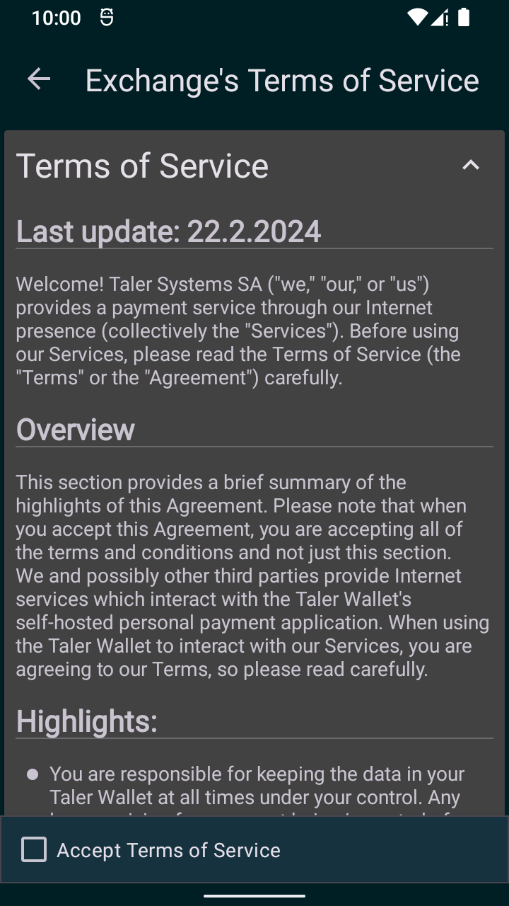 Wallet showing terms of service