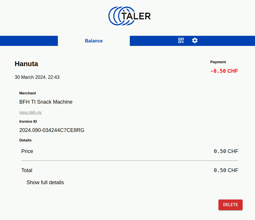 Wallet showing receipt