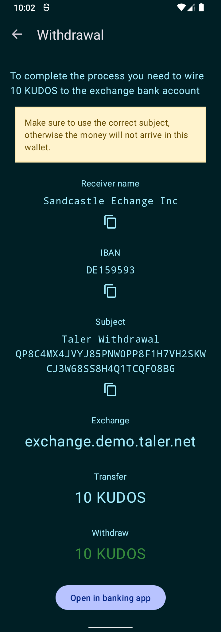 Wallet showing wire transfer instructions