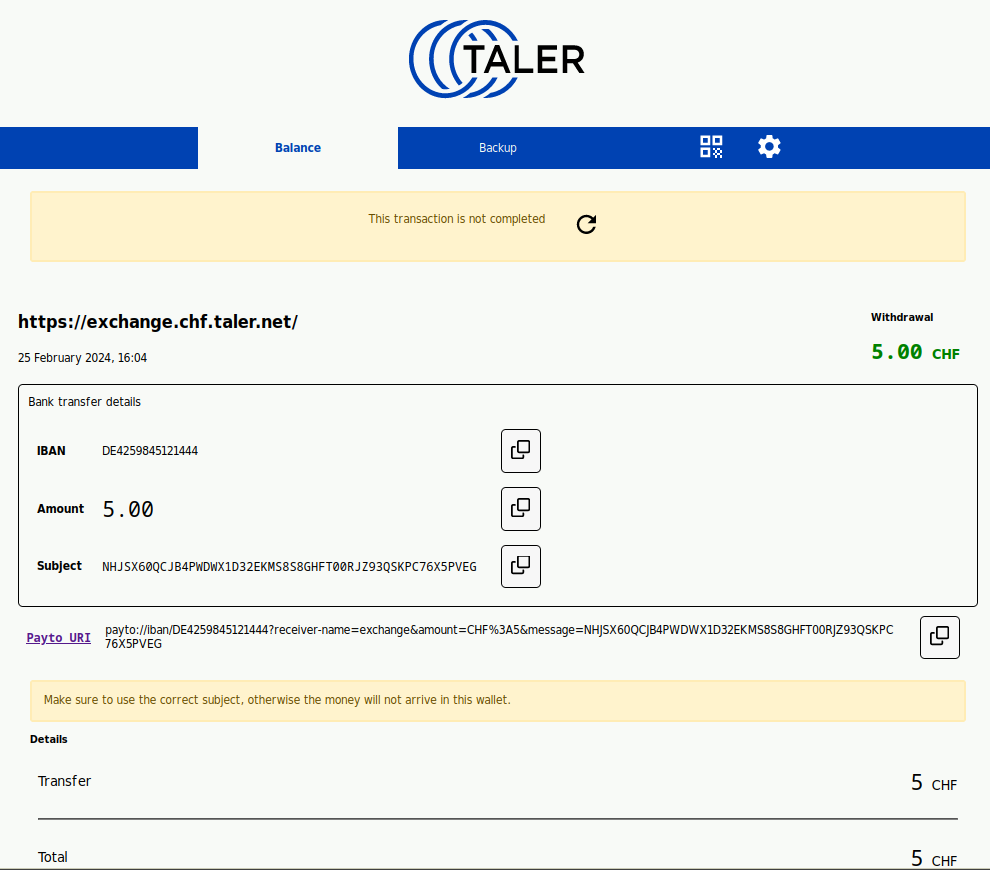 Wallet showing wire transfer instructions