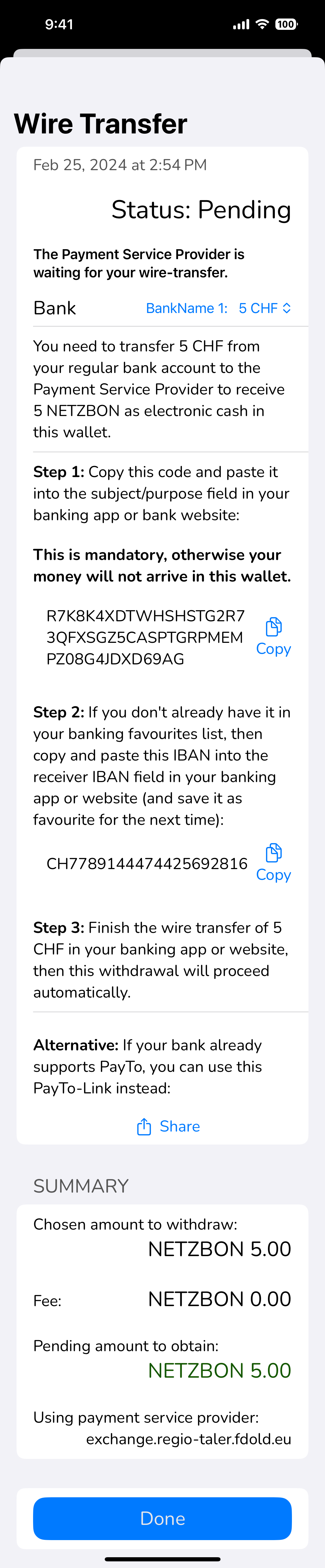 Wallet showing wire transfer instructions