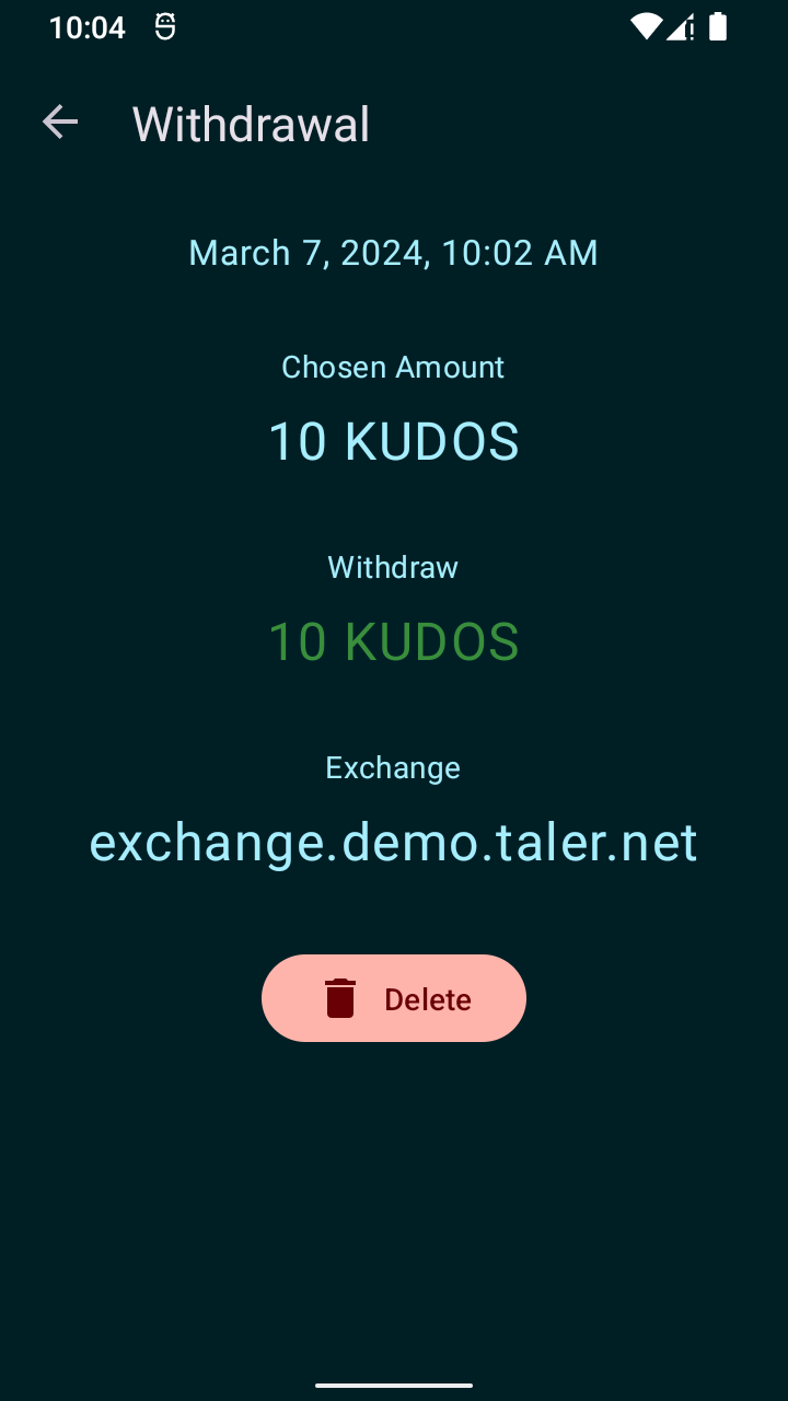 Wallet showing withdrawal status