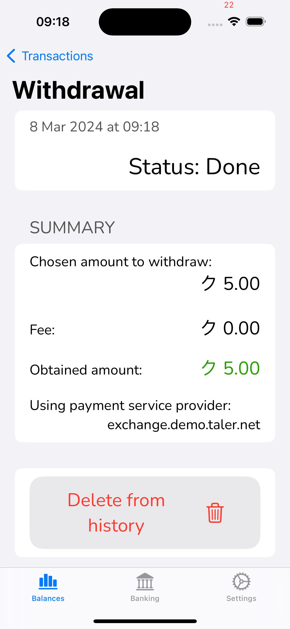 Wallet showing withdrawal status