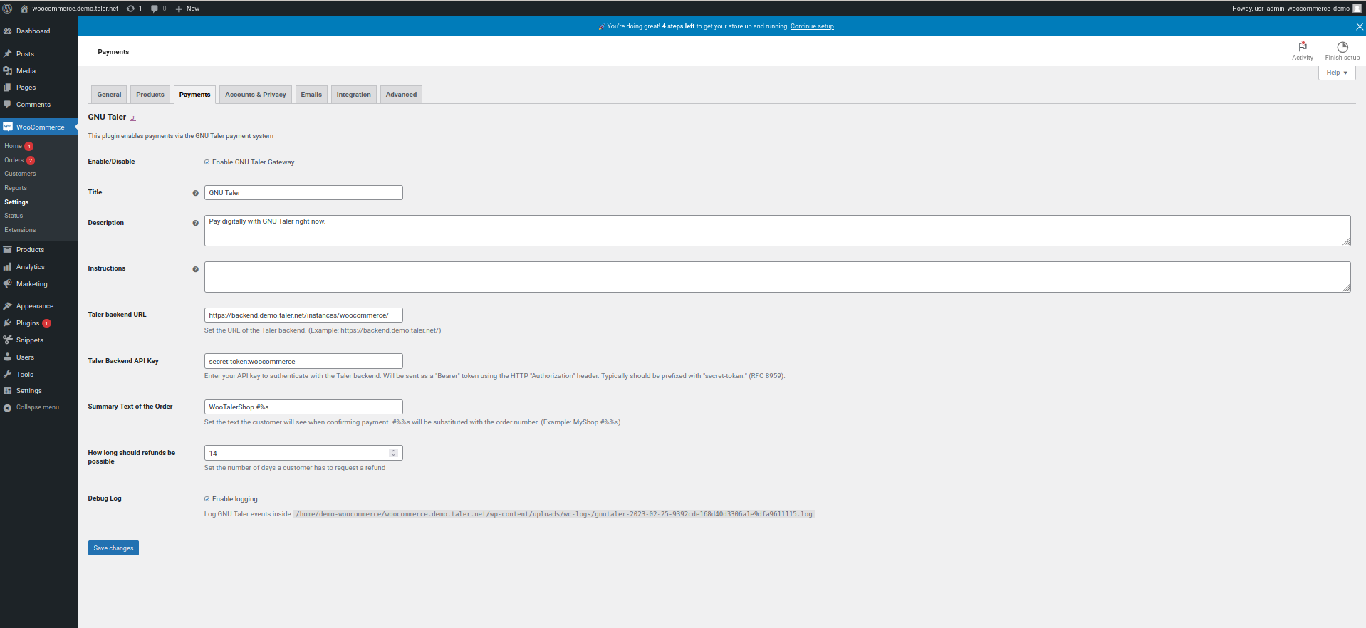 Capture d'écran de la boîte de dialogue des paramètres de WooCommerce